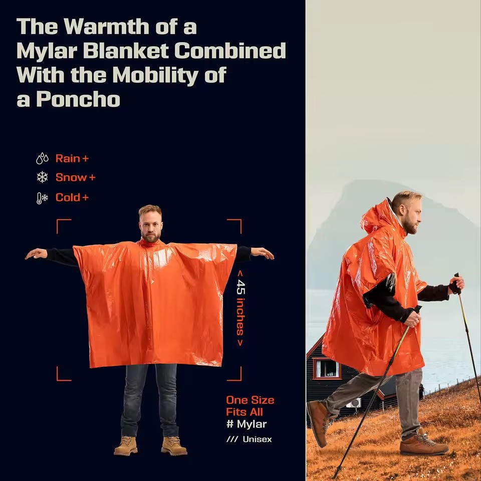 Survival Blanket Reflective - Noodoverlevingsregenponcho, thermische overlevingsdeken, thermische regenjas, warmte-reflecterend,